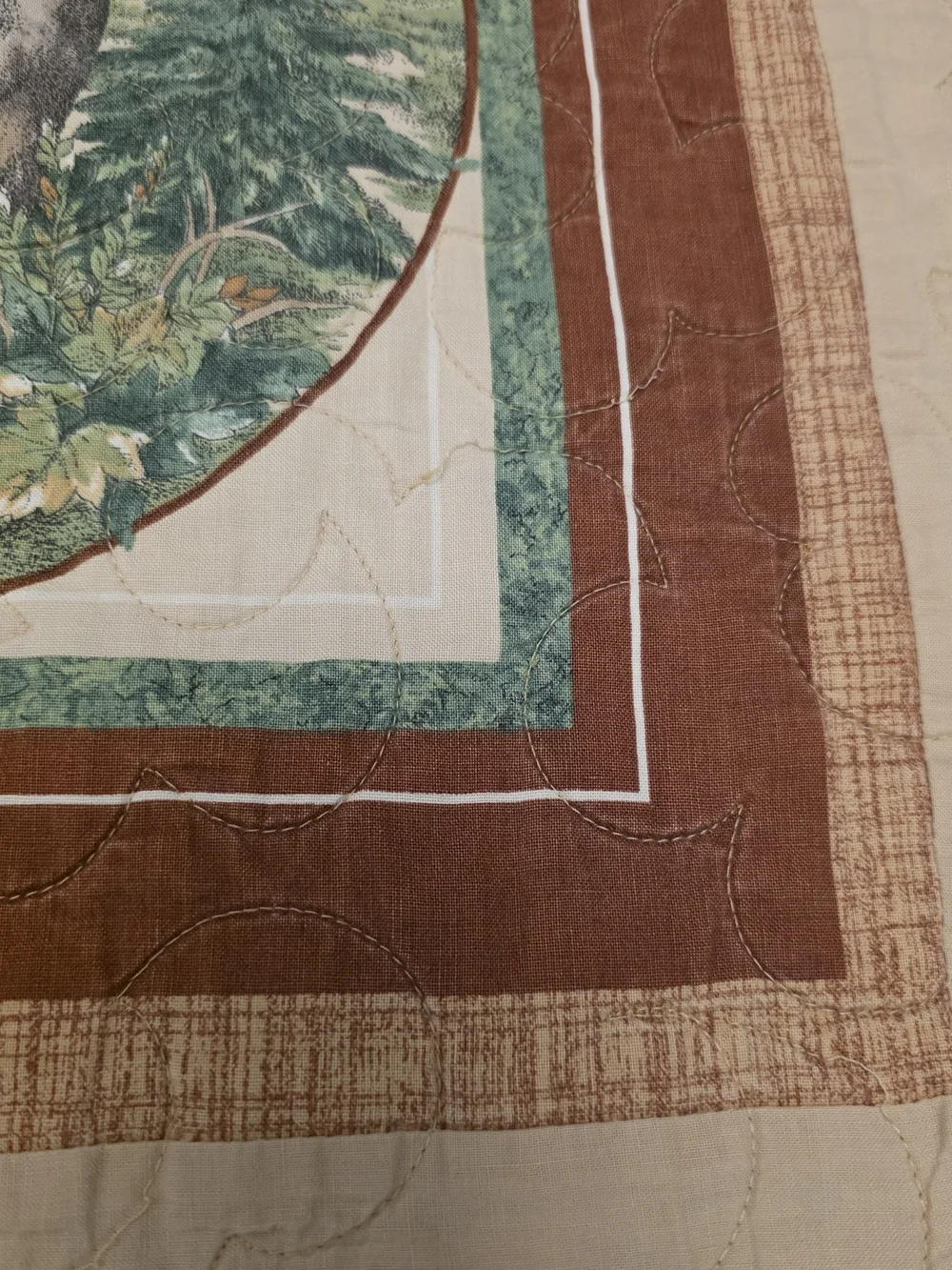 Vtg Handmade Wildlife Quilt Throw Rustic Cabin Lodge Decor, Deer Wolf Fox Animal